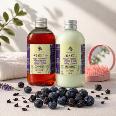 NUEVO PACK CRECIMIENTO, ANTIQUIEBRE Y VITAMINA C: shampoo maqui+ bálsamo maqui + peine antiquiebre de REGALO