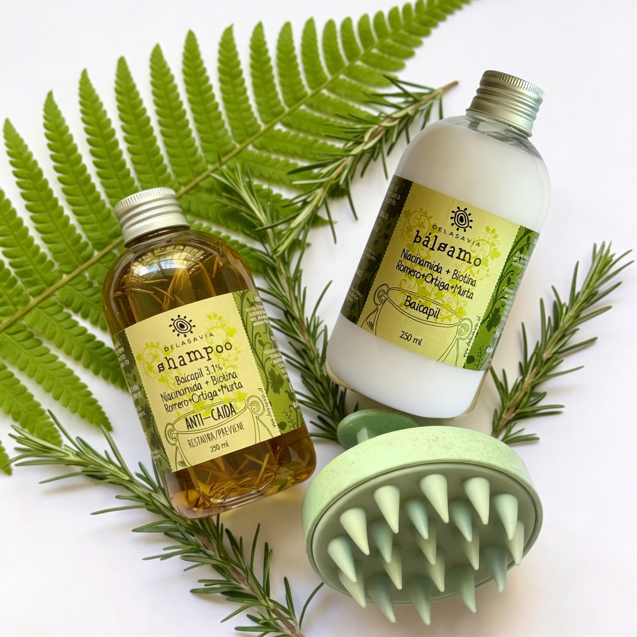 TRATAMIENTO ANTI-CAÍDA 1: shampoo + bálsamo (Romero BAICAPIL)+ peine activador