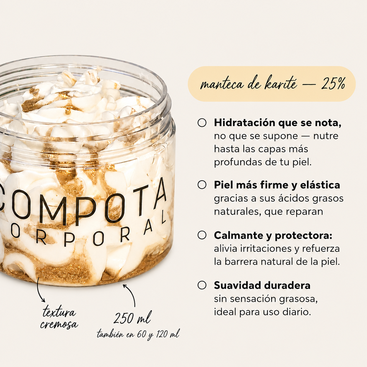 Compota corporal coco vainilla, REAFIRMANTE con Cafeína y rosa mosqueta.