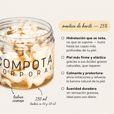 Compota corporal coco vainilla, REAFIRMANTE con Cafeína y rosa mosqueta.