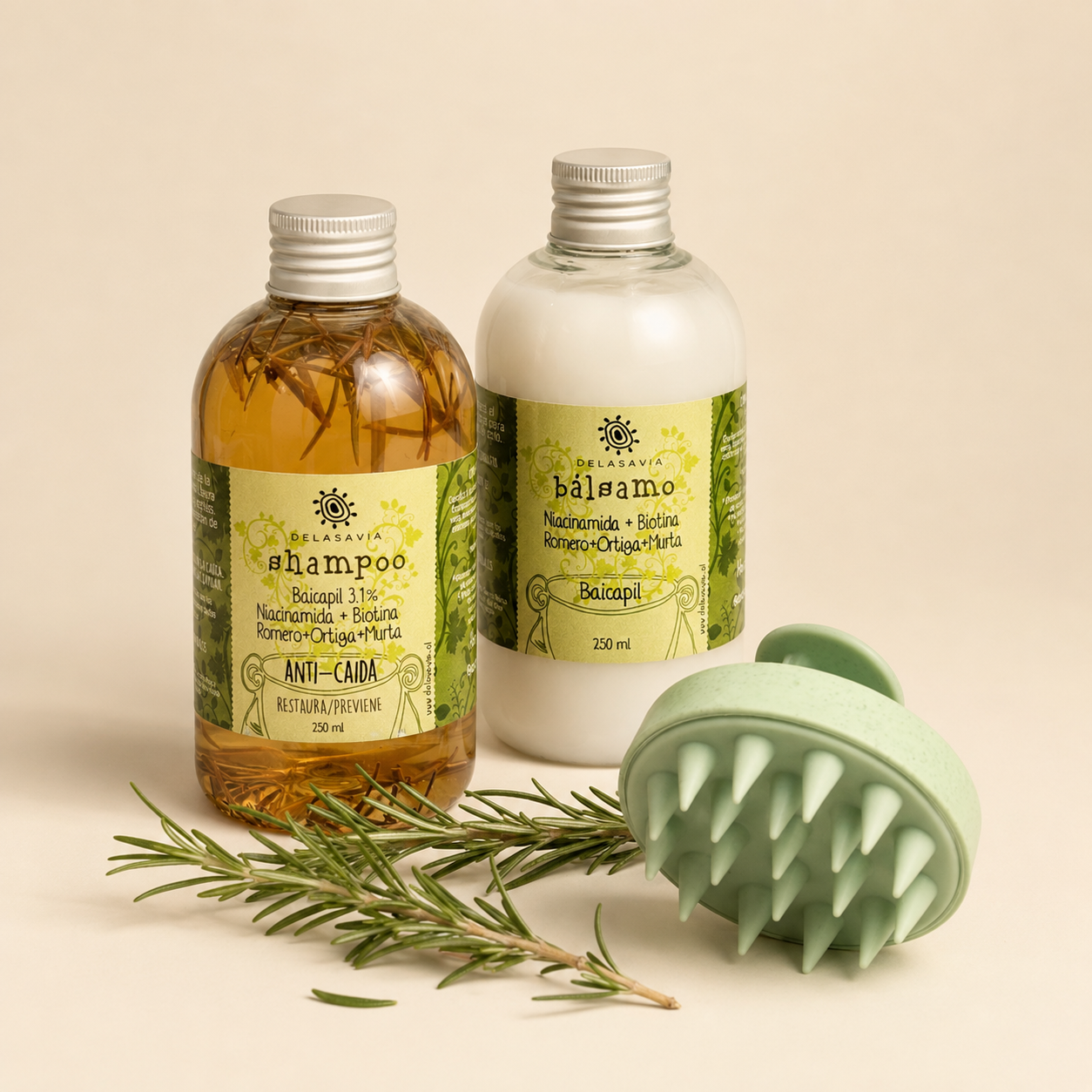 TRATAMIENTO ANTI-CAÍDA 1: shampoo + bálsamo (Romero BAICAPIL)+ peine activador