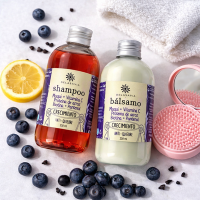 NUEVO PACK CRECIMIENTO, ANTIQUIEBRE Y VITAMINA C: shampoo maqui+ bálsamo maqui + peine antiquiebre de REGALO