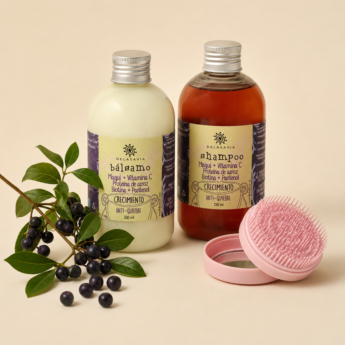 PACK CRECIMIENTO, ANTIQUIEBRE Y VITAMINA C: shampoo+ bálsamo maqui + peine antiquiebre de REGALO