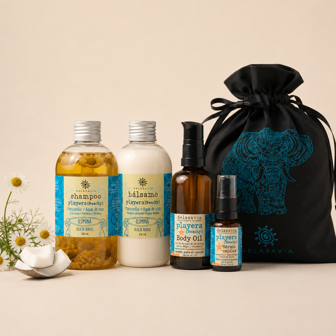 Pack Playera Glow Total : Shampoo y Bálsamo + Serum + Aceite Corporal